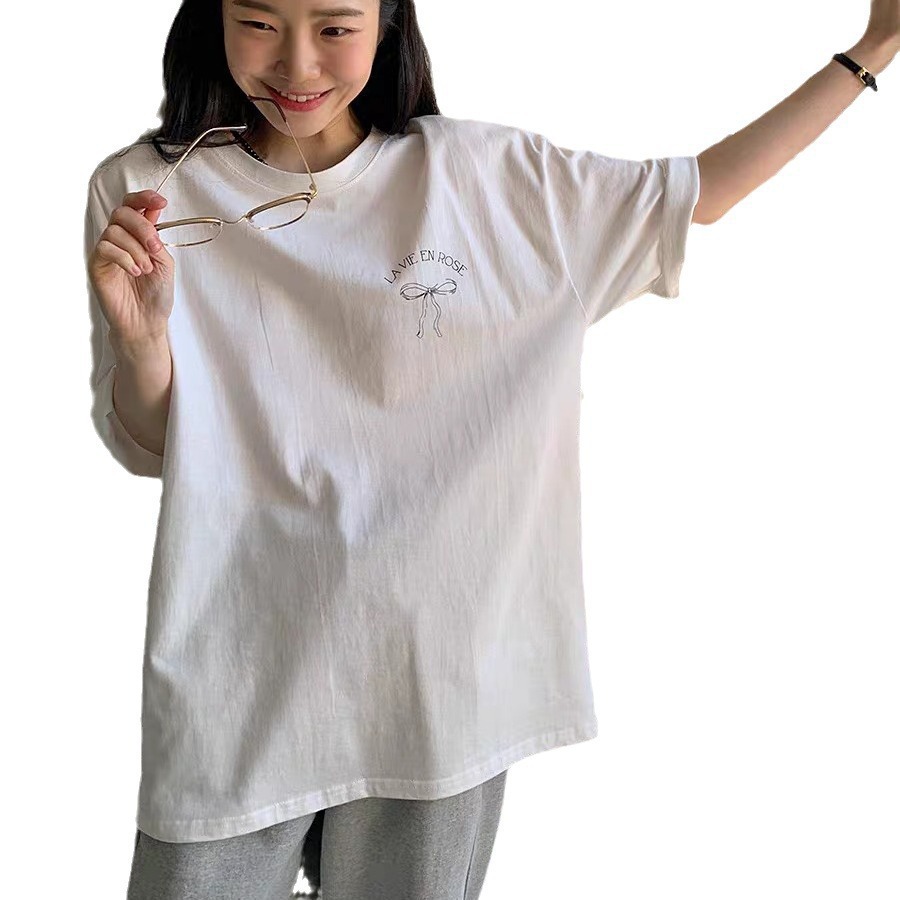 白Tシャツ レディース半袖白シャツリボン柄個性派カットソー