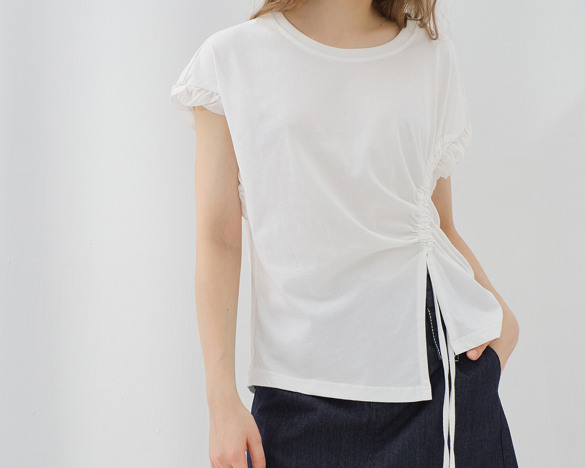 白Tシャツ サイドギャザーフリル袖カットソー