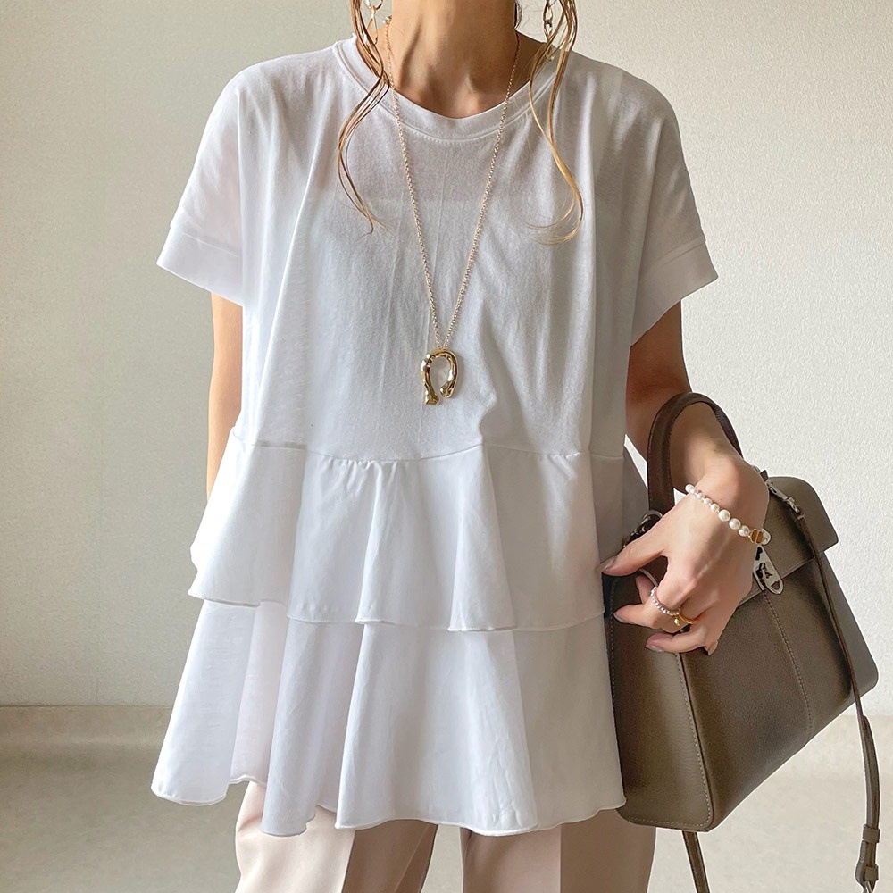 白Tシャツ 白色ティアードフリル半袖Tシャツ