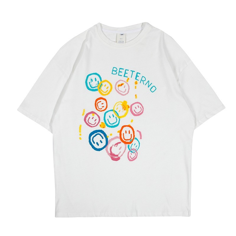 白Tシャツ レディース にこにこ笑顔プリント半袖シャツ