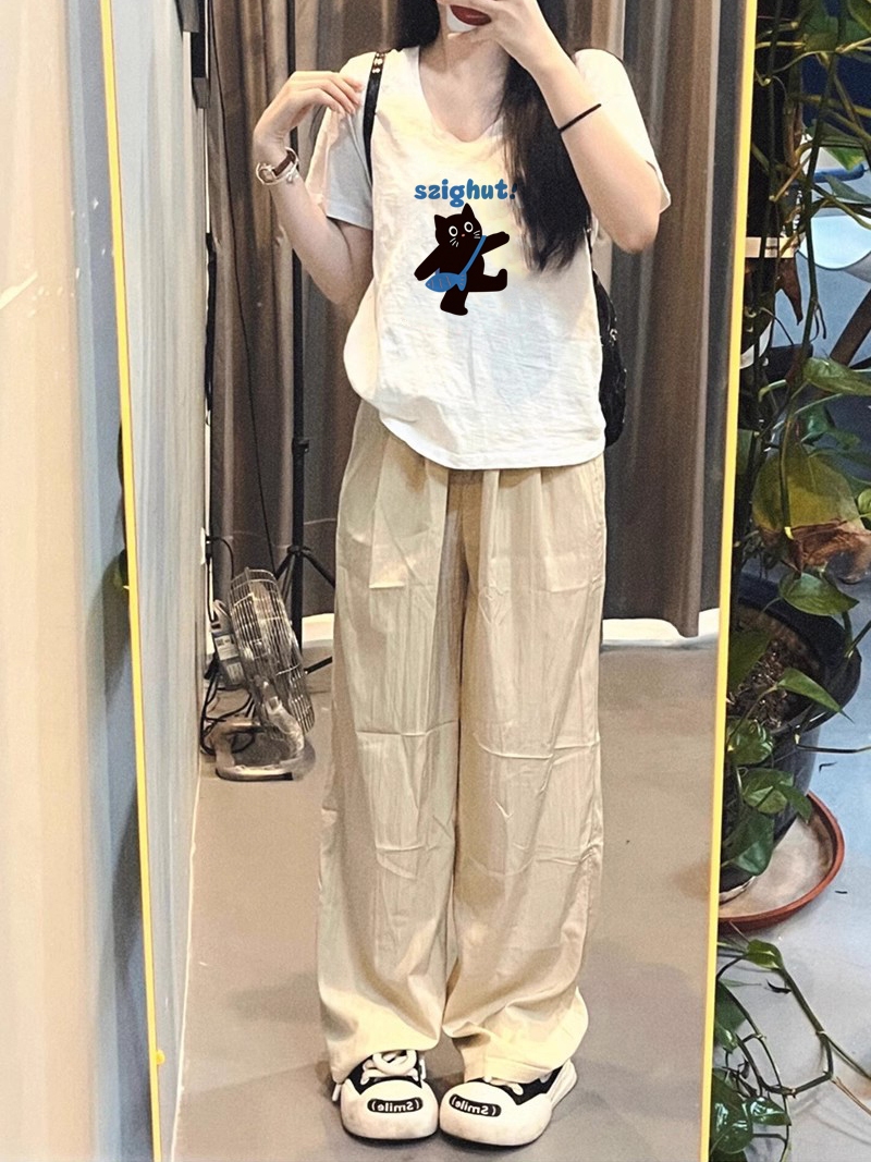 白Tシャツ レディース 遊び猫プリント半袖Vネックトップス