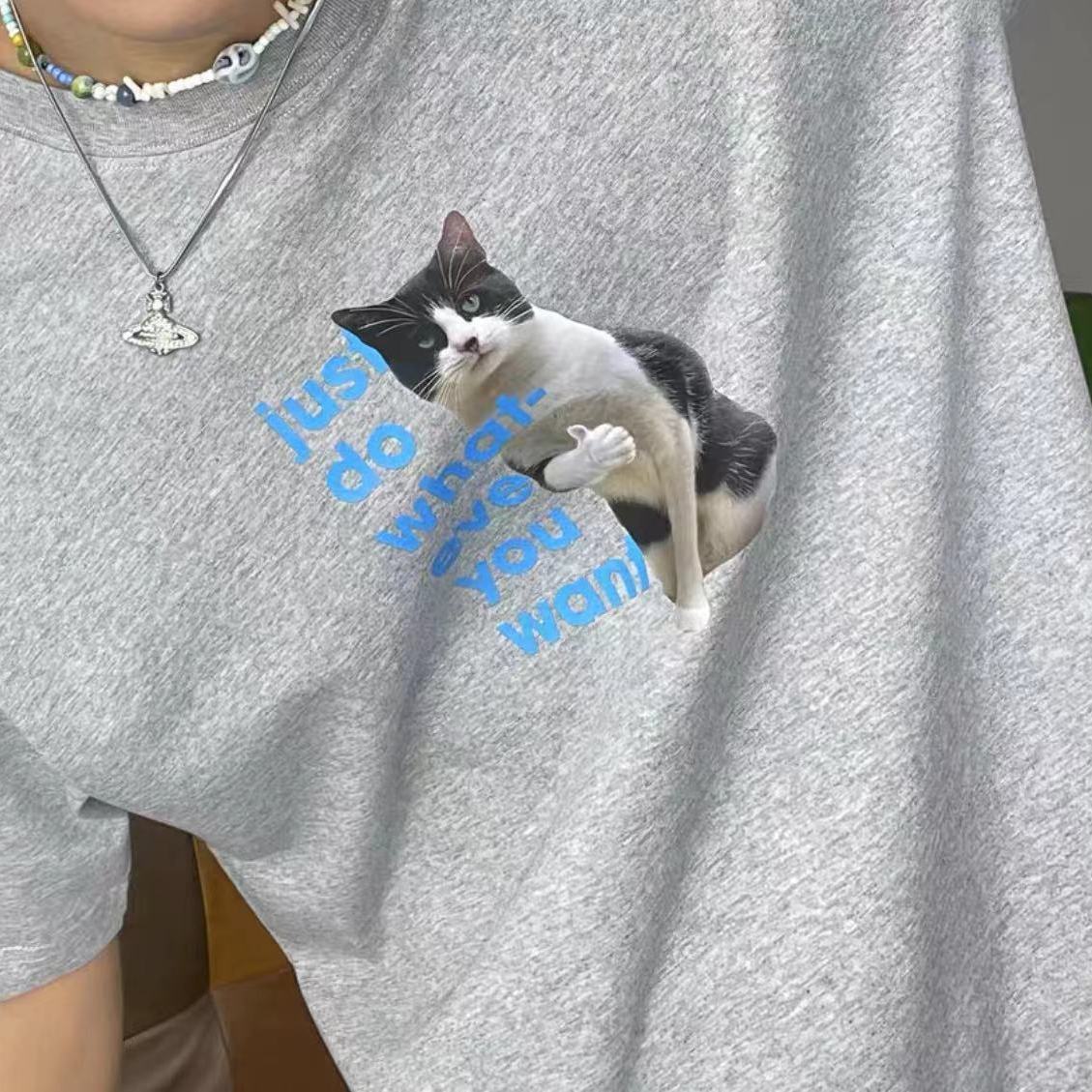 白Tシャツ メンズ 気ままな猫イラスト入り半袖シャツ