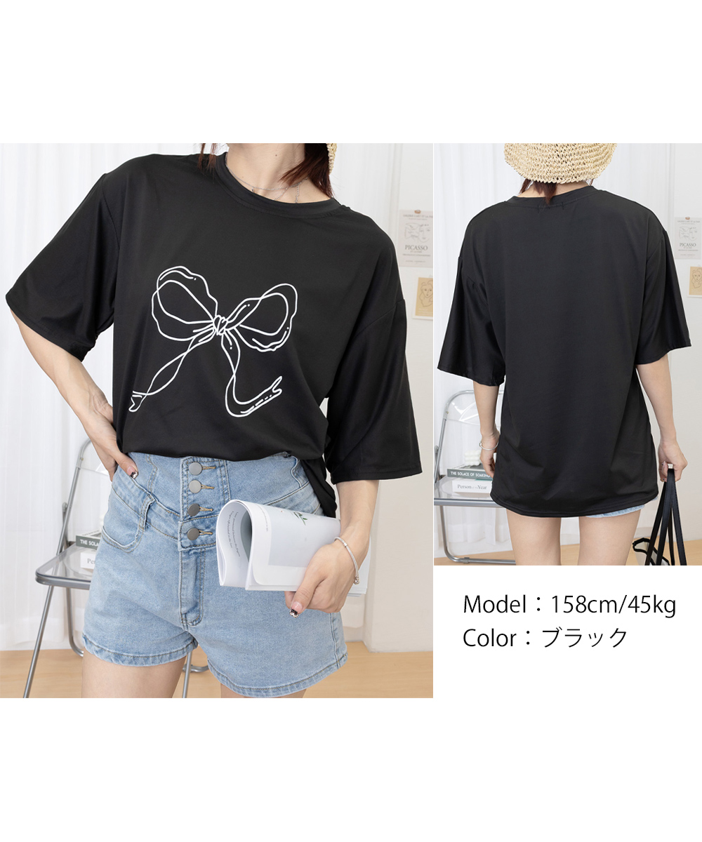白Tシャツ リボンプリント半袖Tシャツ レディース 白T