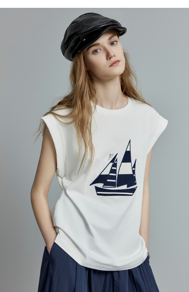 白Tシャツ ヨットプリント ノースリーブトップス