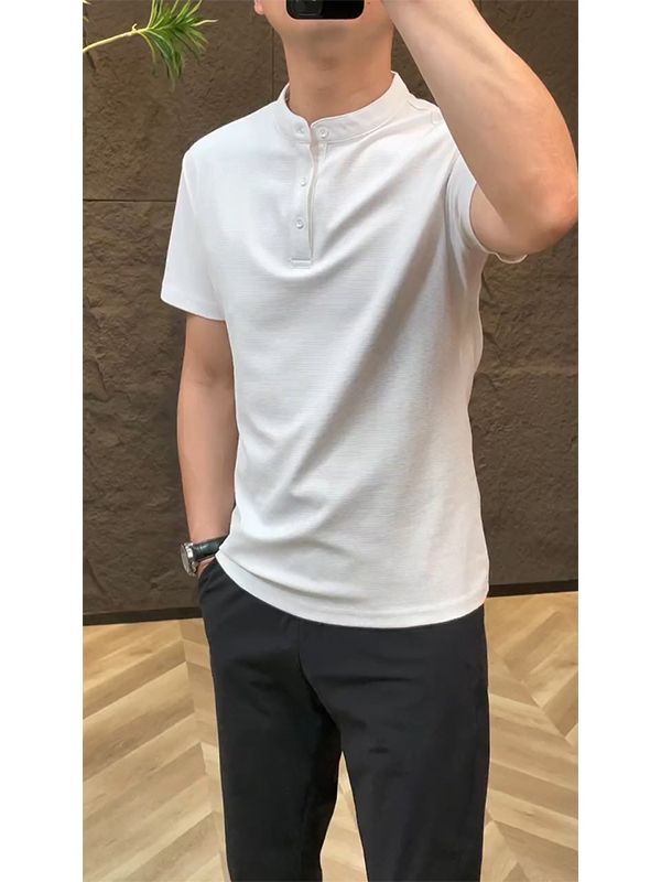 白Tシャツ メンズ すっきり立ち襟 半袖プルオーバー