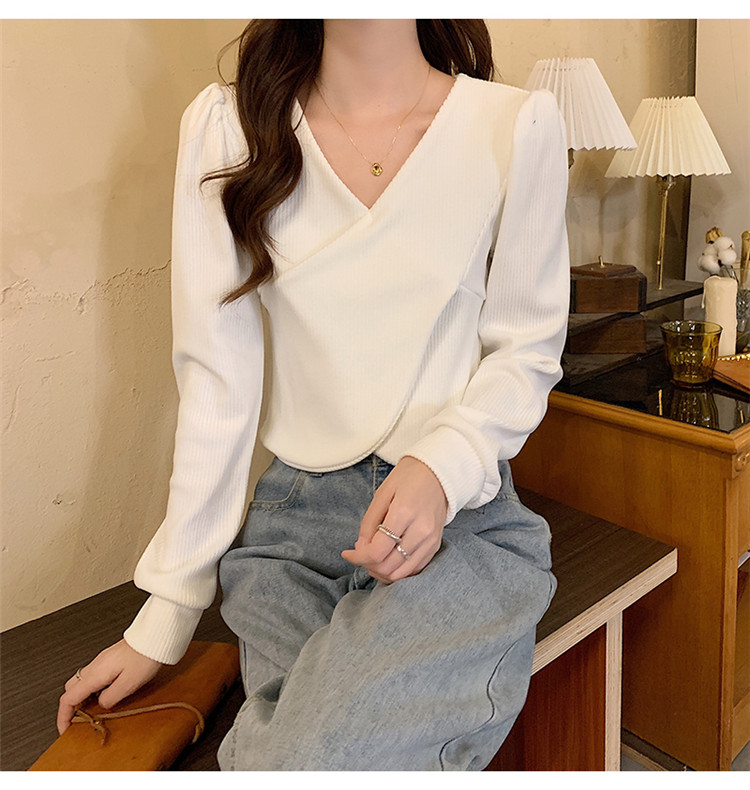 白Tシャツ ブイネック パフスリーブ 交差デザイン 長袖 白色トップス レディース