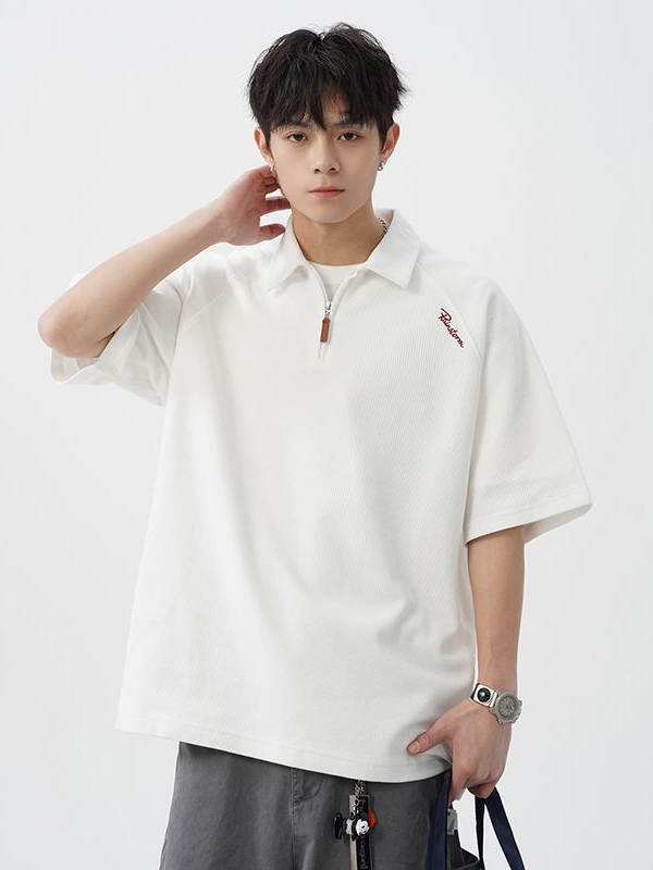 白Tシャツ メンズ ハーフジップ襟付きサマーポロ