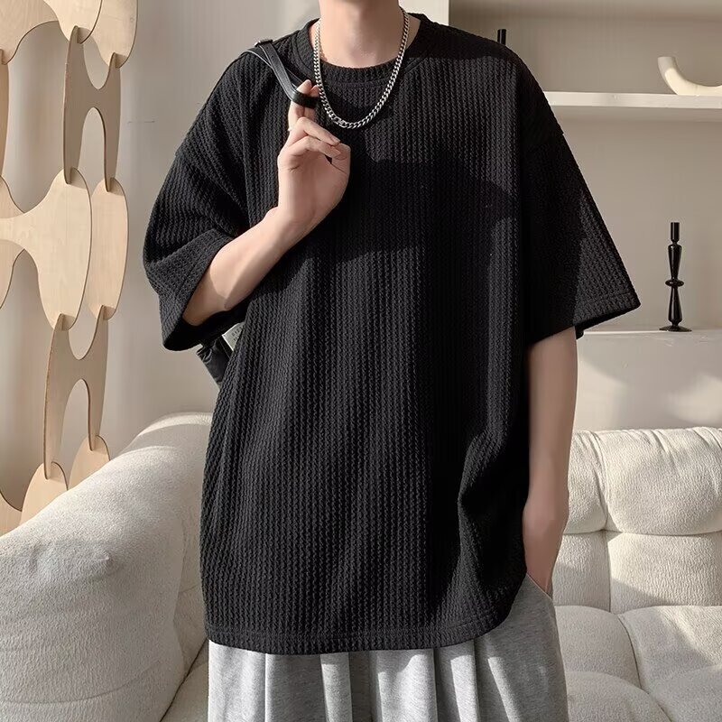 白Tシャツメンズ 立体ワッフル編み五分袖オーバーサイズ半袖