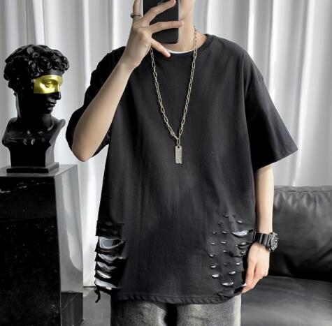 白Tシャツ メンズ白半袖ダメージ加工クルーネック半袖