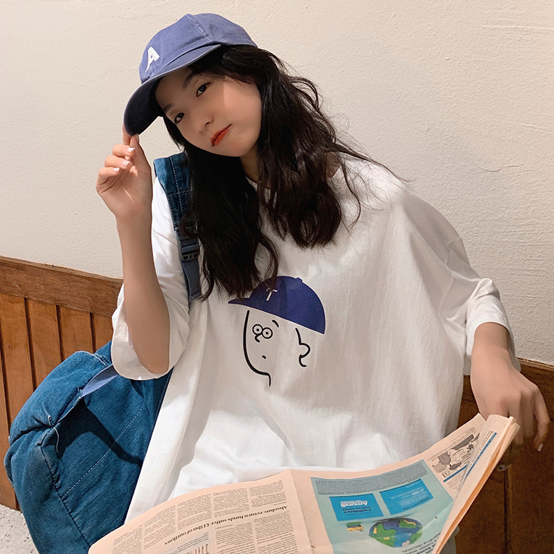 白Tシャツ レディース イラスト風帽子キャラクター七分袖