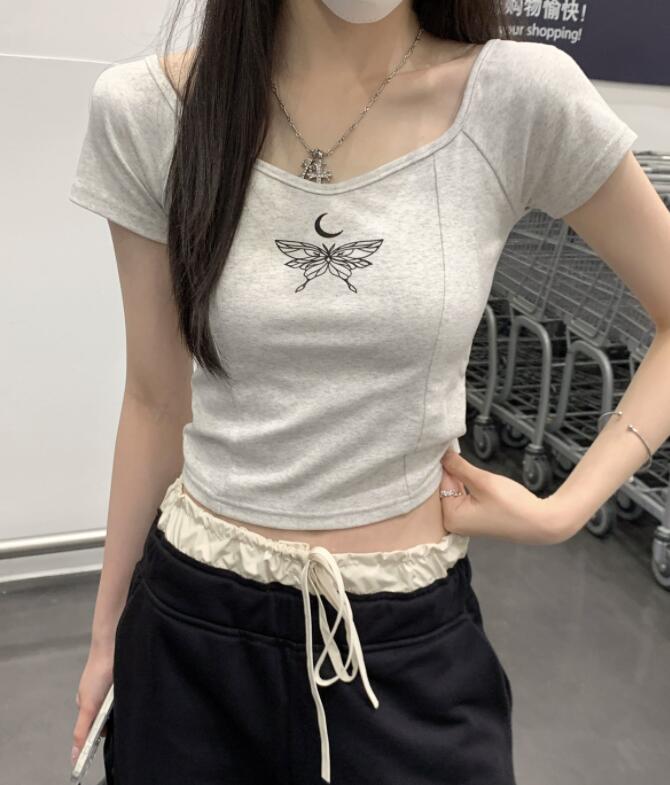 白Tシャツ 蝶々プリント半袖白カットソー レディーススリムトップス