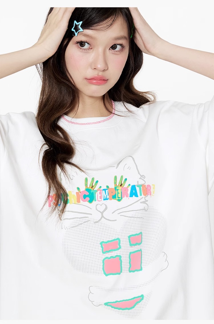 白Tシャツ レディース ゆるキャラ風イラスト半袖カットソー