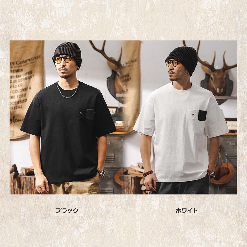メンズ ゆったり半袖白Tシャツ ポケット付きカジュアルトップス