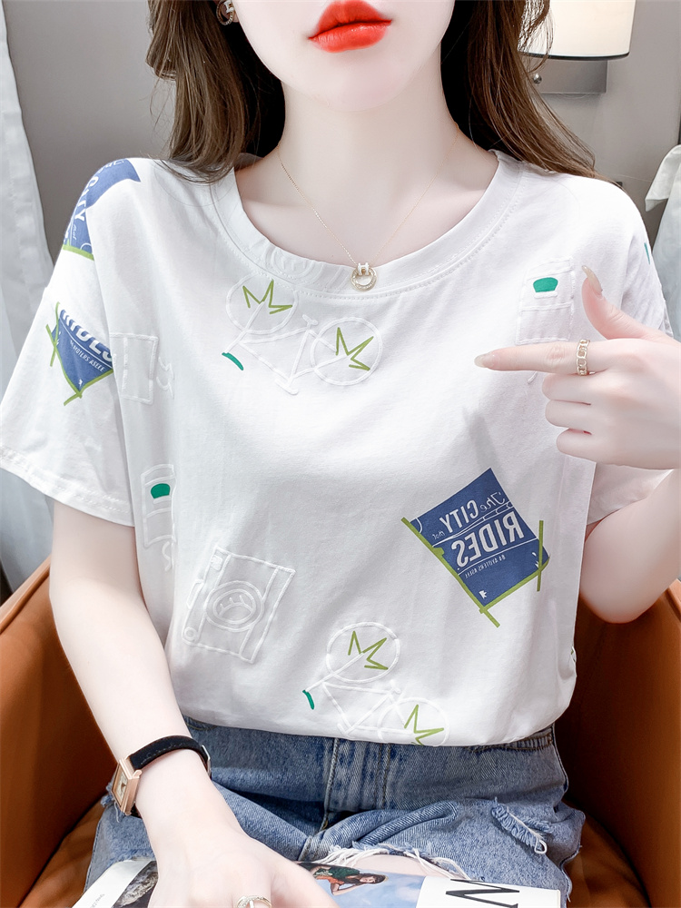 白Tシャツ レディース モダン柄プリントゆったり半袖