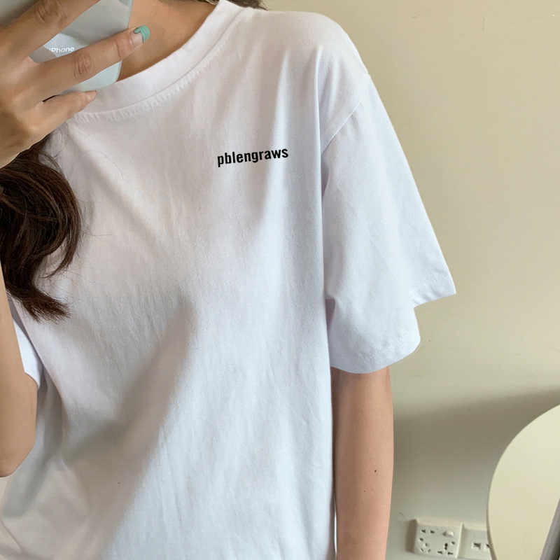 白Tシャツ レディース シンプル文字入りゆったりロゴ半袖
