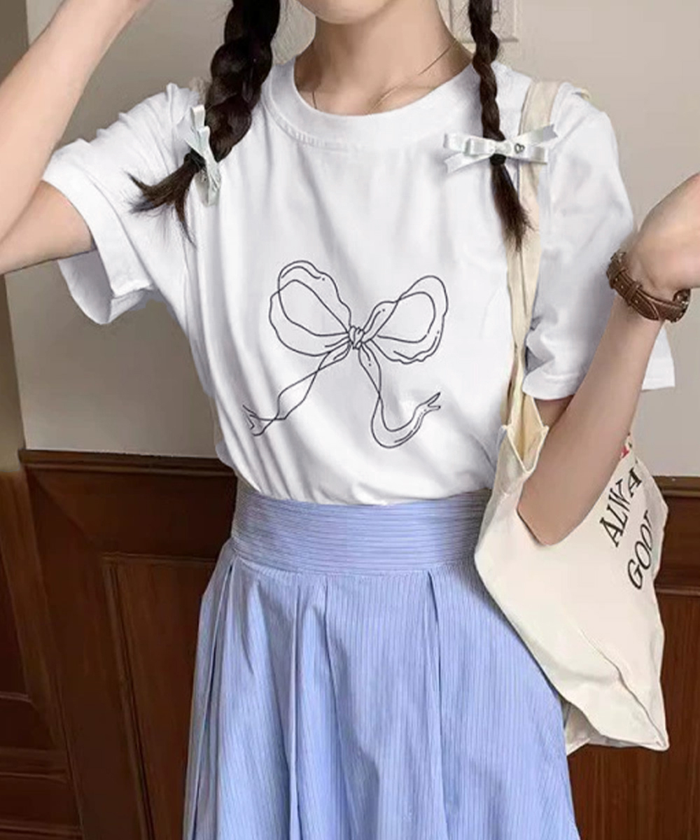 白Tシャツ リボンプリント半袖Tシャツ レディース 白T