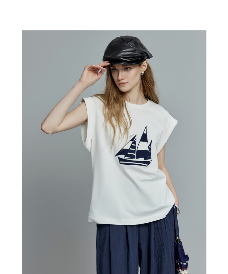 白Tシャツ ヨットプリント ノースリーブトップス