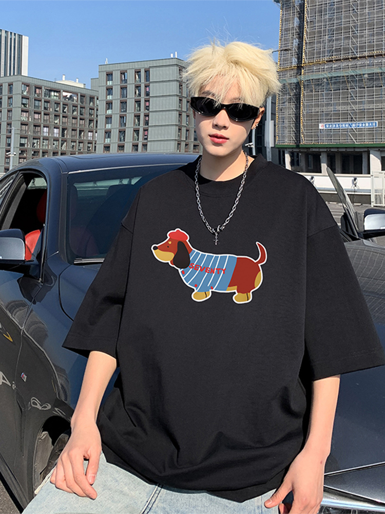白Tシャツ メンズ おしゃれダックスフンド プリント半袖