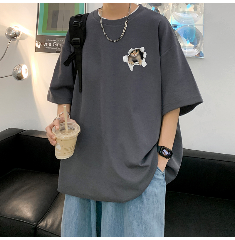 白Tシャツ メンズ 飛び出す猫 立体デザイン半袖