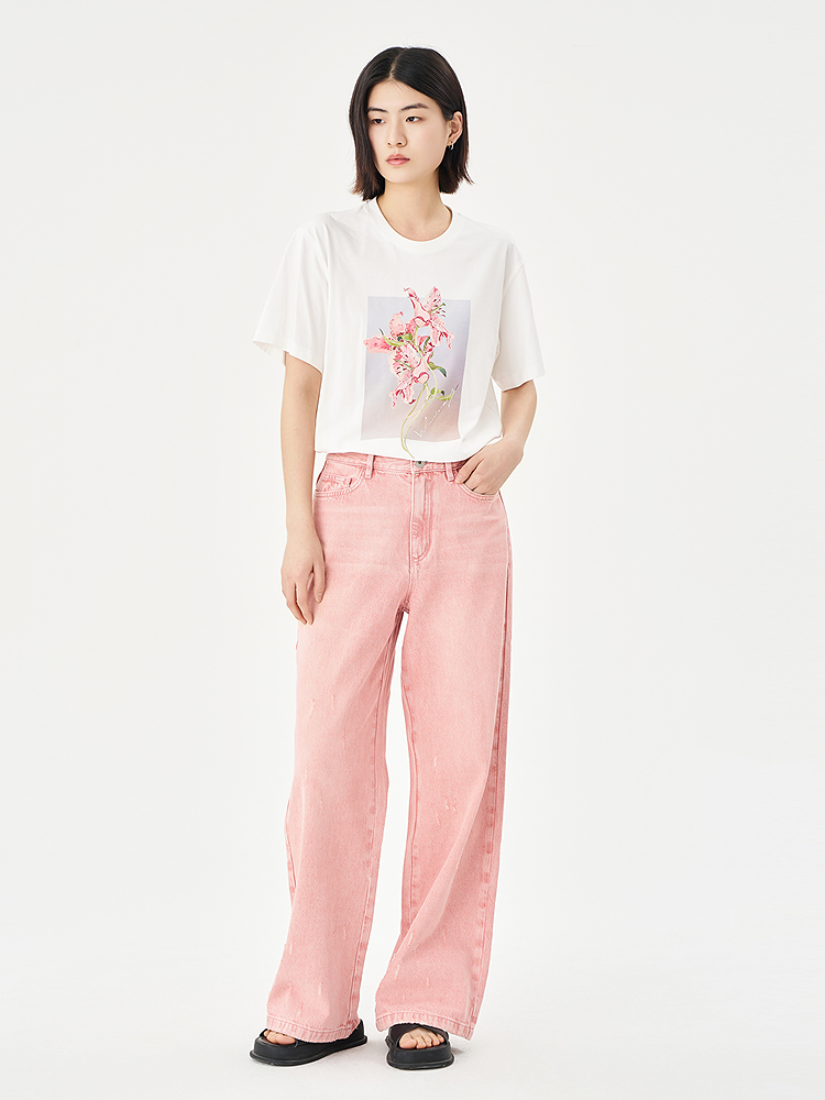白Tシャツ レディース 優美な花柄プリント半袖