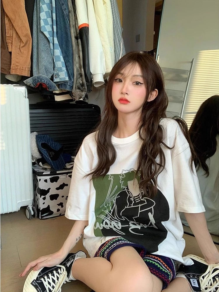 白Tシャツ レディース イラストアートオーバーサイズ半袖