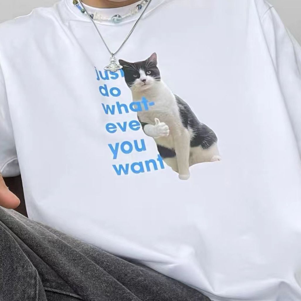 白Tシャツ メンズ 気ままな猫イラスト入り半袖シャツ
