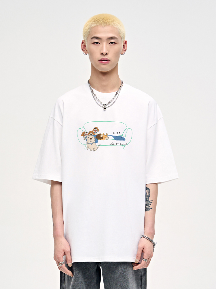 白Tシャツ メンズ くつろぐわんこイラスト半袖