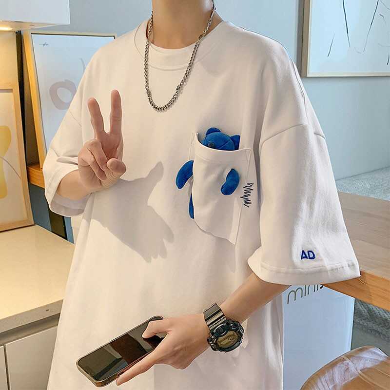 白Tシャツ メンズ ポケット付きゆったり半袖シャツ