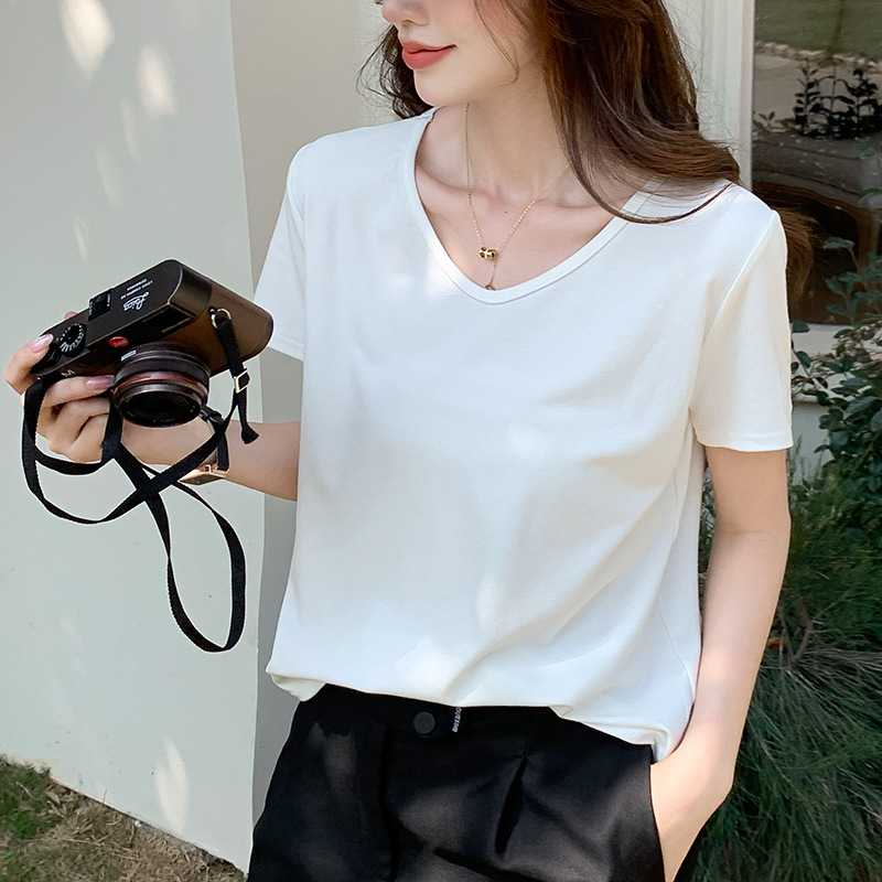 白Tシャツ レディース シンプル上質Vネック半袖トップス