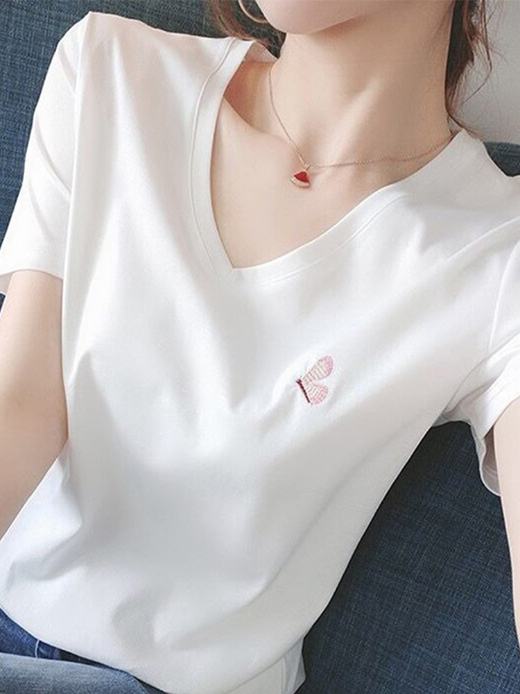 白Tシャツ レディース 優しい羽刺繍入りVネック半袖