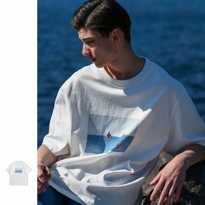 白Tシャツ　メンズ 海辺プリント半袖シャツ