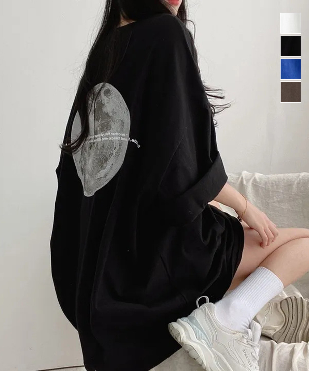 白Tシャツ 月柄バックプリント ゆったり半袖Tシャツ