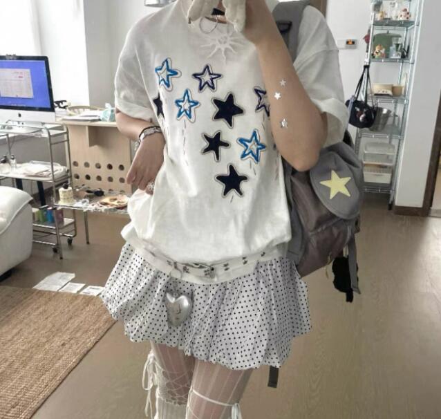 白Tシャツ 星柄プリント半袖白シャツ カジュアルカットソー