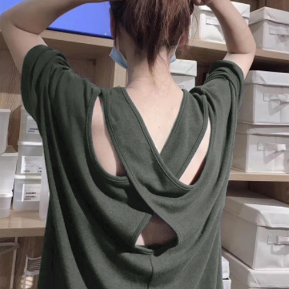 白Tシャツ バッククロス半袖長丈カットソー白シャツ
