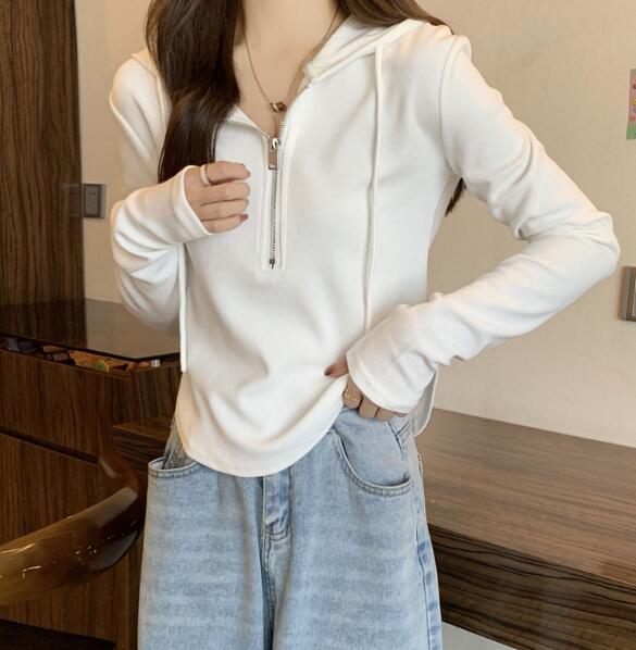 白Tシャツ レディース ジップ付きフード長袖トップス