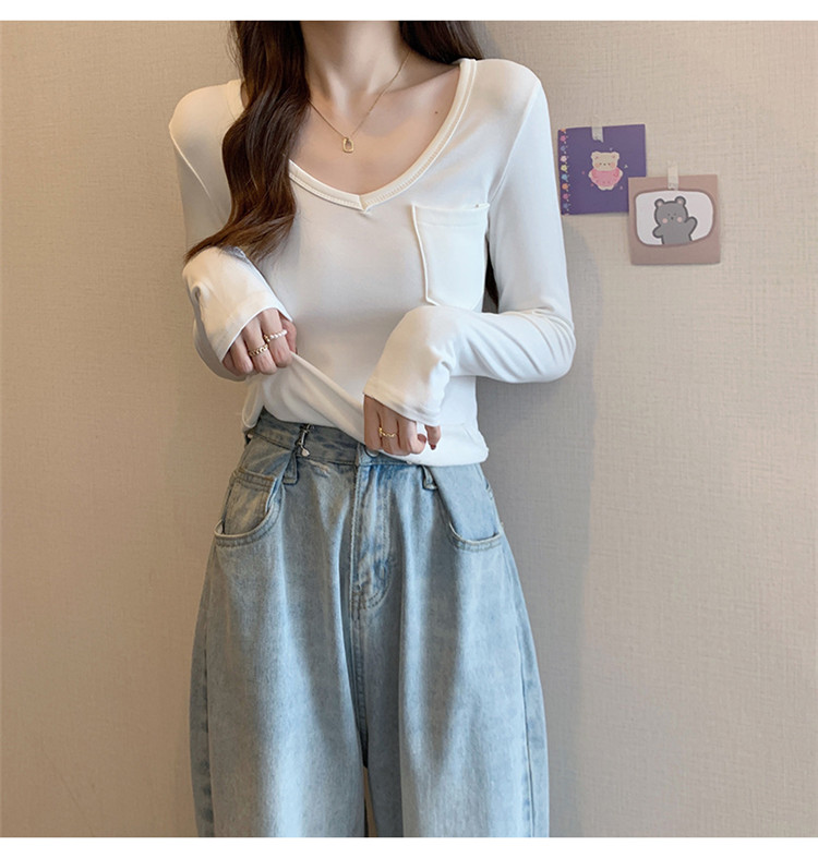 白Tシャツ 裏起毛ブイネック長袖白基調シャツ