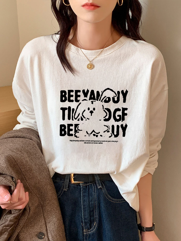 白Tシャツ レディース 優しい肌触り動物イラスト長袖