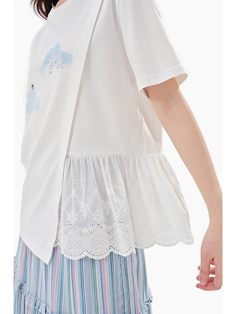 白Tシャツ レース裾切替え雲柄デザインシャツ