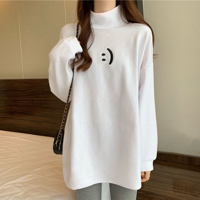 白Tシャツ スマイル刺繍ハイネック長袖ゆったりロングトップス