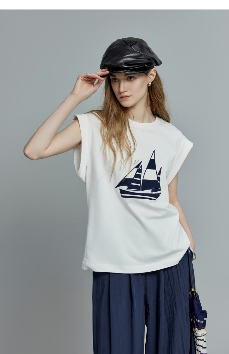 白Tシャツ ヨットプリント ノースリーブトップス