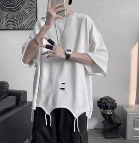 メンズ 白Tシャツ 半袖 ダメージ加工 オーバーサイズ