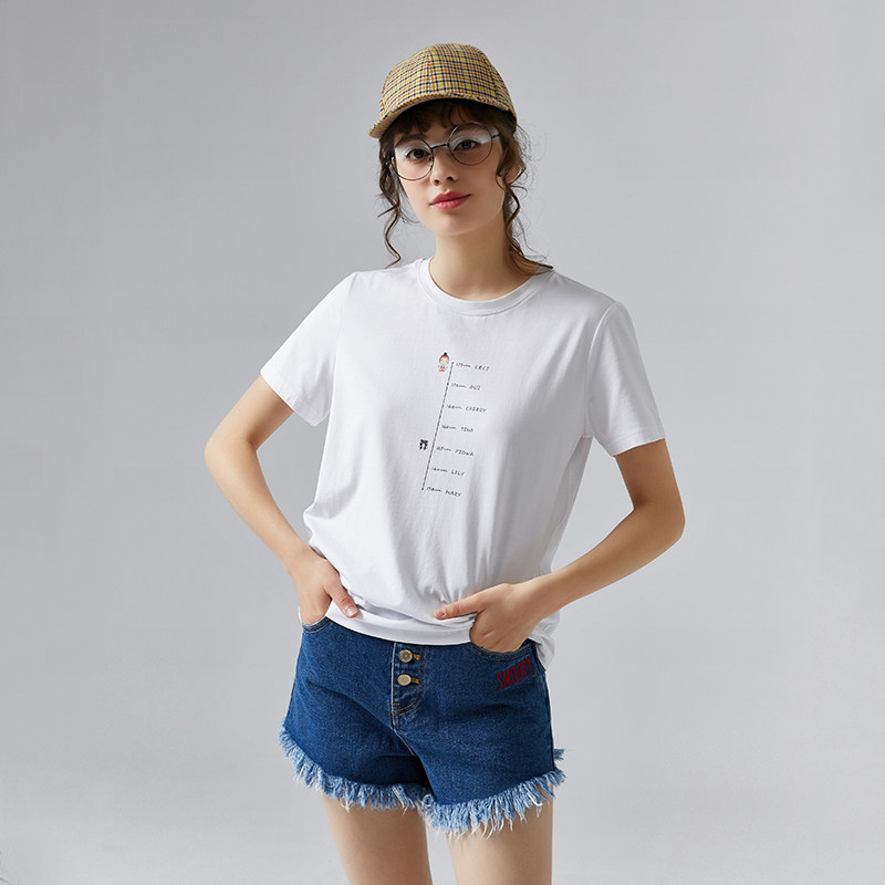 白Tシャツ 身長メモ風プリントがかわいい半袖丸首カットソー