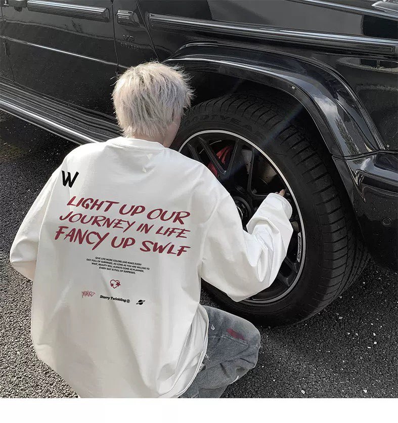 白Tシャツ メンズ 長袖 白 黒 文字プリント ゆったりサイズ 長袖シャツ 全2色