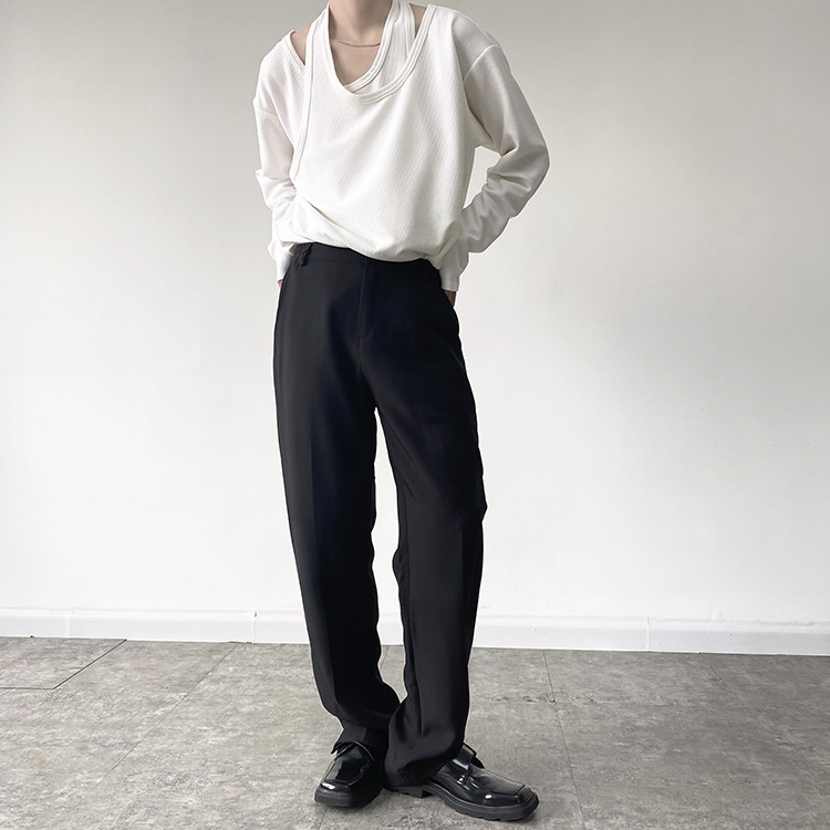 白Tシャツ 春夏メンズ重ね着風白色長袖シャツゆったりデザイン