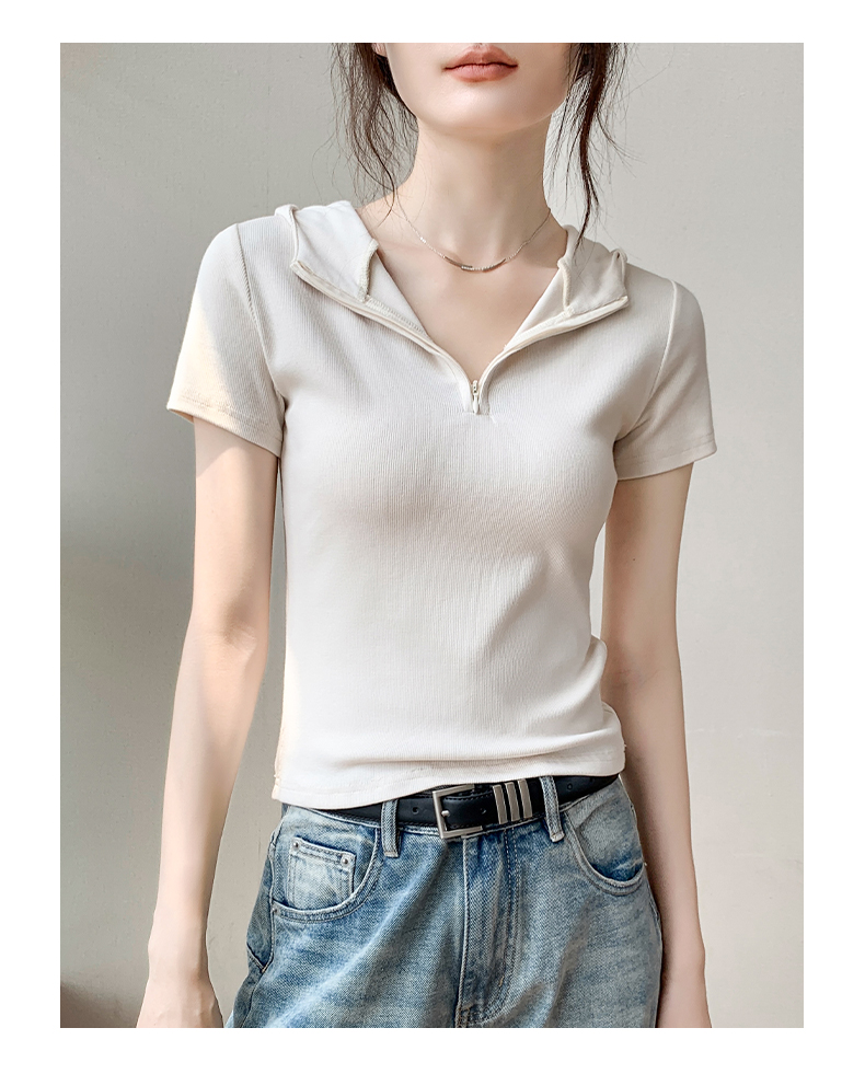 白Tシャツ フード付きリブジップネックトップス