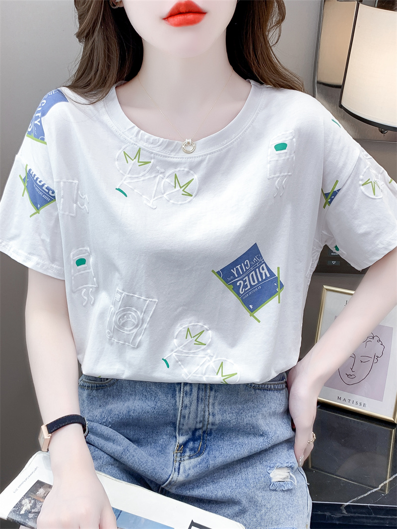 白Tシャツ レディース モダン柄プリントゆったり半袖