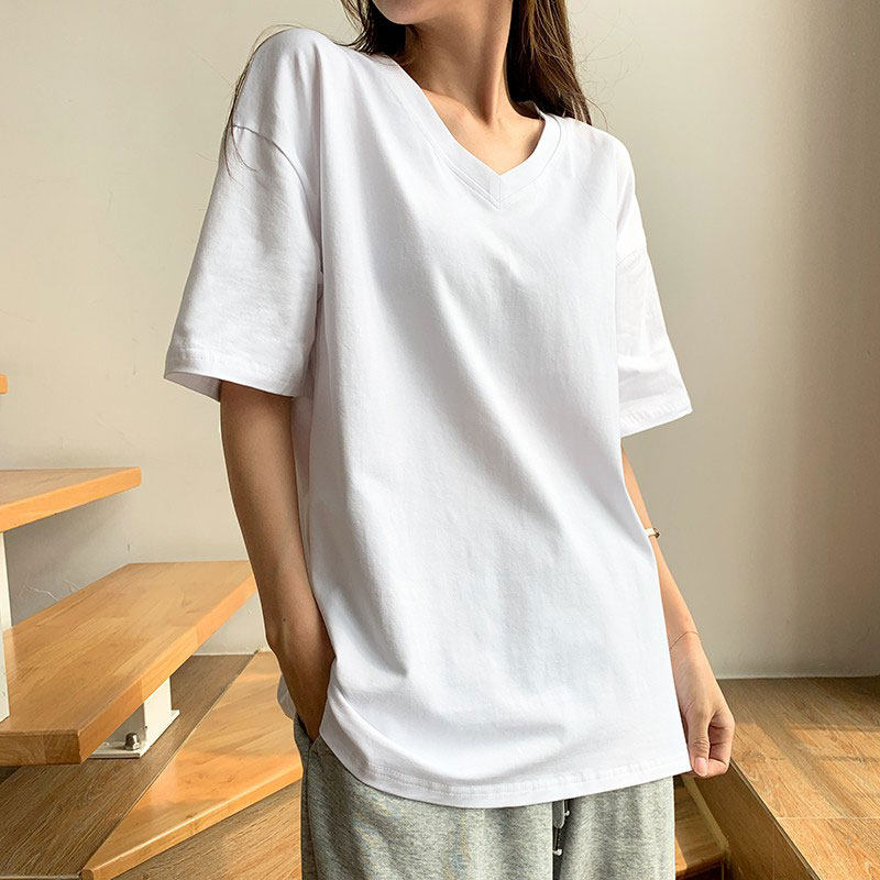 白Tシャツ ゆったりブイネックベーシック半袖トップス