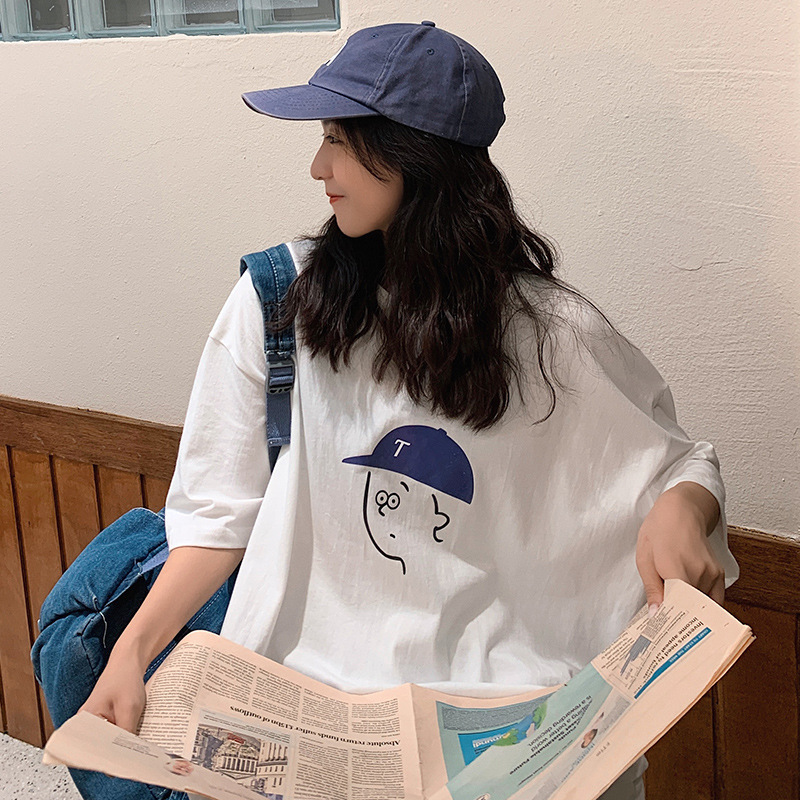 白Tシャツ レディース イラスト風帽子キャラクター七分袖