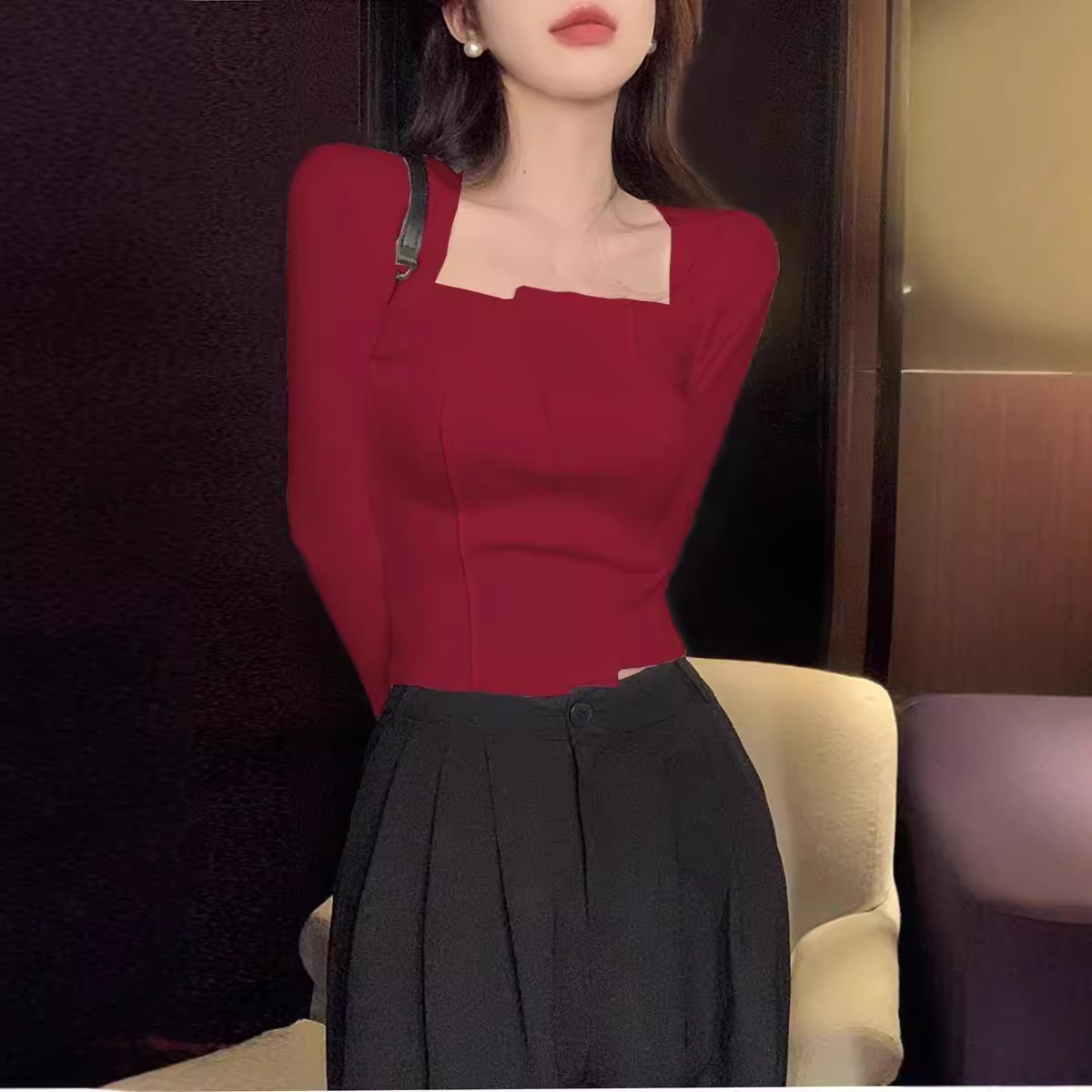 白Tシャツレディース スクエアネック長袖切替ステッチトップス