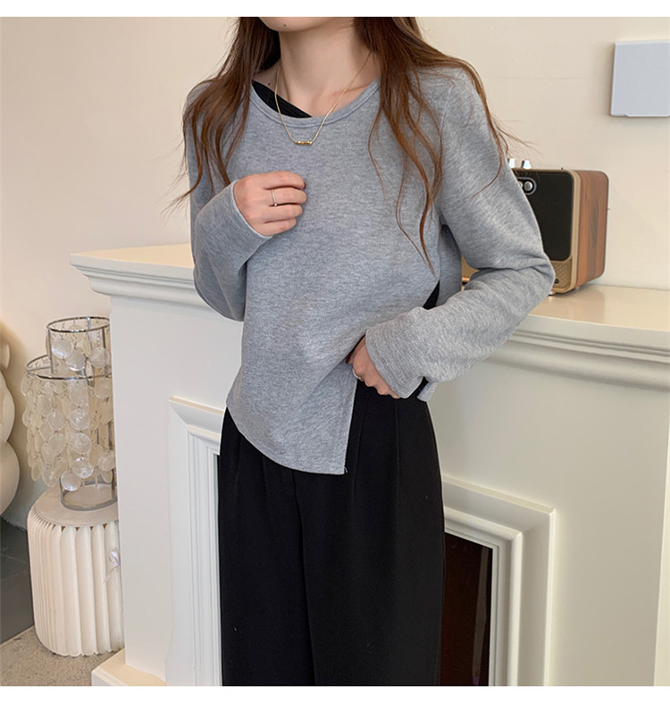 白Tシャツ 裏起毛重ね着風丸首長袖シャツ レディース